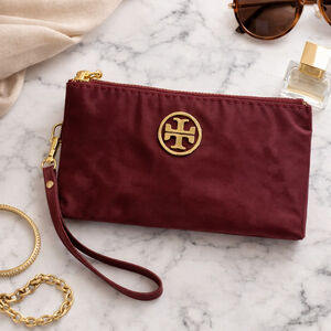 Tory Burch Burgundy Nylon Wristlet Gold Logo Zip Clutch Pouch